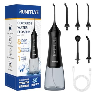 RUMFFLYE Hydropulseur Dentaire Jet Dentaire Professional with 12 Modes Oral Irrigator 5 Nozzles 300ML Tank IPX7 Waterproof USB 8-Shaped Portable Charging Cable Travel Home Oral Water Flosser Black