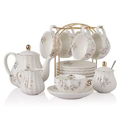 British Royal Series Service à thé en porcelaine avec tasses et soucoupe pour 6 personnes 225 ml avec théière, sucrier, pichet à crème, cuillères à café et passoire à thé