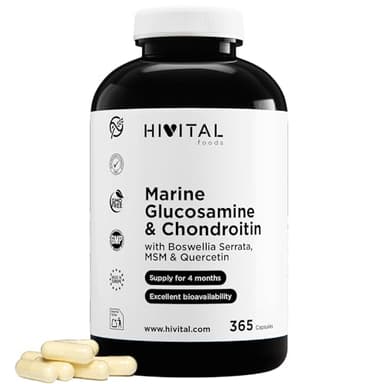 Glucosamine avec Chondroïtine. 365 gélules pour 4 mois de de traitement. 1500 mg de Glucosamine Marine 2KCL, Chondroïtine Marine, MSM, Boswellia Serrata et Quercétine. Fabriqué en Europe par HIVITAL