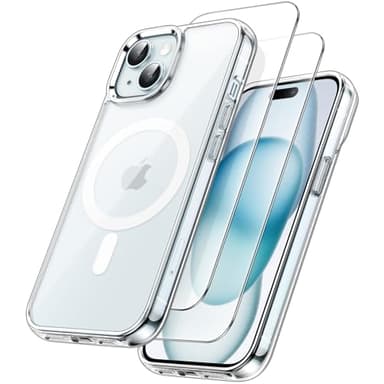 JETech 3 en 1 Coque Magnétique pour iPhone 15 6,1 Pouces avec Lot de 2 Films de Protection D'écran en Verre Trempé, Compatible avec MagSafe, Étui Housse de Téléphone Antichoc (Transparente)