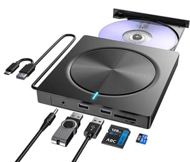 Umaniy Lecteur CD DVD Externe pour PC, USB 3.0 et USB-C Graveur DVD Externe avec 2 USB et Fente SD/TF, Optique Portable CD DVD -/+RW Drive, Lecteur CD DVD Externe pour Windows/MacOS/Laptop/Desktop