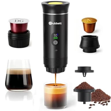 Gubbett Machine à Cafe Portable, Cafetière Portable 3 en 1 Compatible avec les Capsules Espresso et Poudre de Café, Chauffage Électrique, Rechargeable, Maison, Pour Voyage, Camping, Voiture