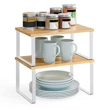 SONGMICS Étagère à Épices, Lot de 2, Organisateur de Placard, Étagère de Rangement de Cuisine Extensible, Porte-épices Empilable, Métal, Bois d’Ingénierie, Blanc Nuage et Beige Naturel KCS02NW