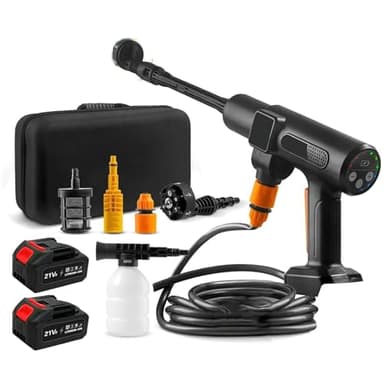 Nettoyeur Haute Pression sans Fil, 200 Bar Nettoyeur Haute Pression avec 2 Batterie, Buse 6 en 1, Tuyau de 5M, écran LCD, Pistolet Haute Pression Portable pour Voiture, Terrasse, Fenêtre, Pelouse, Pet