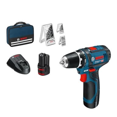 Bosch Professional 12V System perceuse-visseuse sans-fil GSR 12V-15 (avec 2 batteries 2,0 Ah, chargeur, set d’accessoires 39 pièces, sacoche d’outils) - Set Amazon Exclusive