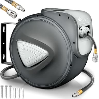 TRESKO® Enrouleur automatique de Tuyau à air comprimé 20m | Connexion 1/4" | Dévidoir Tuyau Automatique Mural, Gris