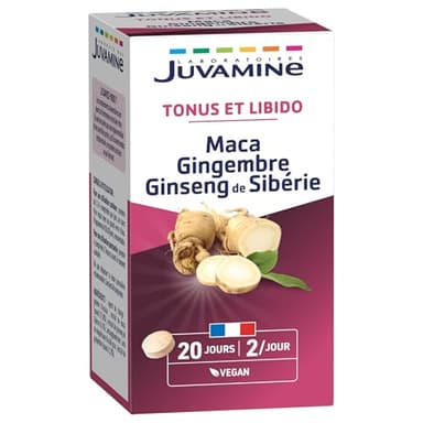 JUVAMINE Maca Gingembre et Ginseng de Sibérie, Tonifiant Sexuel, Tonus et Vigueur, Tonifiant, Stimulant, Programme de 20 jours, 40 Comprimés, Fabriqué en France