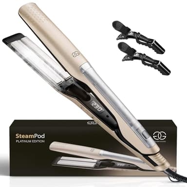 Lisseur Vapeur Champagne Golden Goods Steampod Pro Vapeur puissante, Fer a Boucler 10 réglages de température jusqu'à 230ºC, Tous types de cheveux Céramique et ionique, Lisseur Cheveux