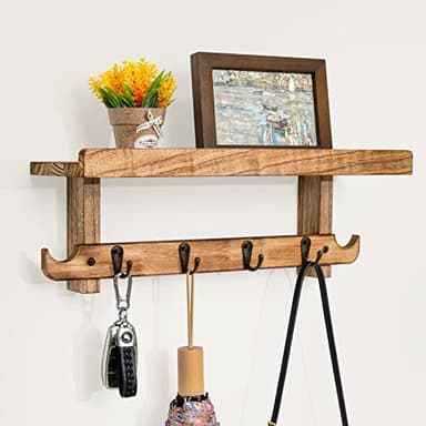 Emfogoo Porte-manteau mural en bois avec crochets, porte-manteau mural de ferme avec étagère et crochet vintage pour entrée, chambre, salon, cuisine (marron vintage)