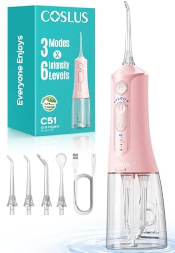 COSLUS Jet Dentaire Hydropulseur Irrigateur Oral: 3 Modes & 18Niveaux, Pic Dentaire Eau pour Orthodontie, Appareil Dentaire, Gencives Sensibles, Compact pour Voyage, Usage Familial,Rose,C51