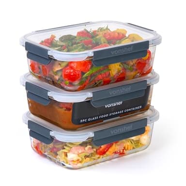 VonShef Boîtes Alimentaires en Verre- Lot de 3 Boîtes Repas 1500ml, Couvercles Hermétiques et Sans BPA, Idéales pour Meal Prep, Empilables, Compatibles Micro-ondes, Four, Congélateur et Lave-vaisselle