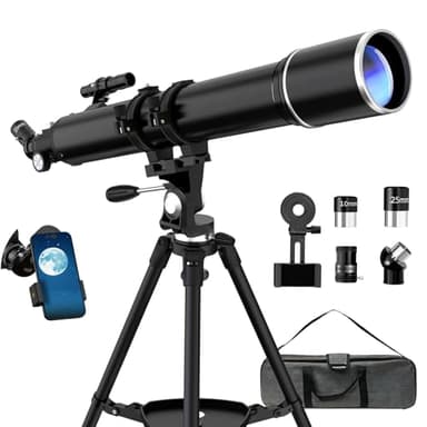 Télescope, 90 mm Ouverture 900mm Télescope Astronomique pour Adultes, Telescope Réfracteur Professionnel, 36X-270X Portable Télescopes, avec Adaptateur, Trépied et Sac de Transport (Noir)