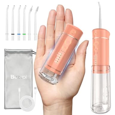 Bezvoi Mini Jet Dentaire Hydropulseur Portable- Irrigateur Oral Rechargeable avec 6 Embouts, 5 Modes, Réservoir Amovible 230ml, Étanche IPX7 - Pour Soins Buccaux, Voyage et Soins Orthodontiques (Rose)