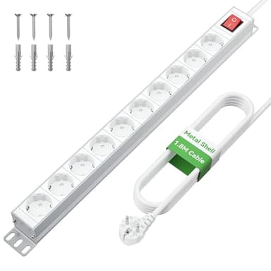 Multiprise Electrique Parasurtenseur Parafoudre 10 Prises, Bloc Multiprise avec Interrupteur, Aluminium, Cordon de 1,8m pour Maison, Bureau, Montage Murale, 3680W/16A