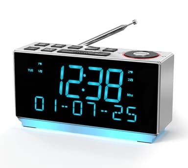 Radio-réveil DAB+ et FM avec Bluetooth, 40 préréglages, écouteurs, double réveil avec répétition et minuterie de sommeil, deux ports de charge, intensité variable, affichage de la température et de