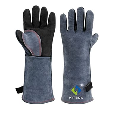 HITBOX Gants de Soudage 16 Pouces 932℉ - Pour BBQ, Grill, Arc, Tig, Mig, Poêle à Bois, Anti-Morsure Animale - En Cuir, Taille Unique Hommes/Femmes