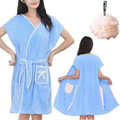 ZenyTra Ensemble de peignoirs pour femme avec ballon de douche, 96 x 135 cm, serviette de sauna douce et absorbante avec poches, pour spa, spa, spa, bleu