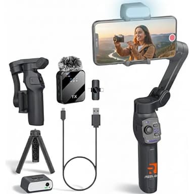 Reelgo Studio Pro – Stabilisateur Smartphone 3 Axes avec Suivi IA, Éclairage LED, Micro-Cravate, Trépied Intégré & Batterie 13H | Gimbal compatible avec Iphone telephone Android | Kit Créateurs & Pros