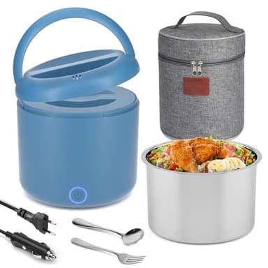 Boîte à déjeuner électrique pour adulte - 1,2 l - Avec couverts et sac à déjeuner isotherme - 3 en 1 - 12/24/230 V - Anti-fuite - En acier inoxydable 304 - Pour voiture, camion, bureau - Bleu