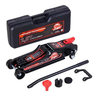 Cric hydraulique 2,5 tonnes - Modèle Plat 80 mm - 360 mm - Profil Bas avec Coffret, Adaptateur SUV, 2 Patins en Caoutchouc - Cric hydraulique pour Voiture - roulettes à 360° - Rouge