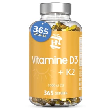 Vitamine D 5000 UI Vitamine D3 K2. 365 Capsules Vitamin D3 hautement concentrée Soutient les fonctions immunitaires et osseuses grâce à la Vitamin D3 K2 hautement dosée