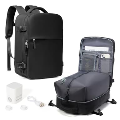 HPLQQ Sac à dos sous vide de voyage avec pompe, Cabine Avion Ryanair/Wizz 40x30x20 Bagage cabine à main avec compression pour homme et femme,Sac airbag avec pompe,H1-Noir