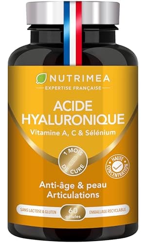 ACIDE HYALURONIQUE - Avec Collagène Marin - 100% Pur - Riche en Vitamines A & C - Anti Rides, Anti Age & Articulations - Agit en Profondeur - 60 Gélules Vegan - Nutrimea - Fabriqué en France