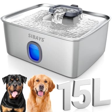 Sibays Fontaine a Eau Chat INOX, 15L Grande Fontaine a Eau Chien avec Zone de Boisson Plus Large, Super Silencieuse Fontaine à Eau pour Chat avec LED & Filtre, Adieu aux Remplissages Fréquents, FS76