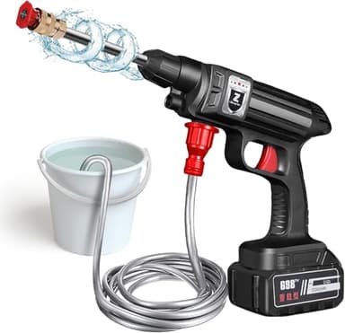 Nettoyeur Haute Pression sans Fil, Pistolet à Eau Portable avec 5m Tuyau, Nettoyeur Haute Pression sur Batterie, Pot en Mousse, Adapté pour Nettoyer Les Voitures, Sols (A-1 Batterie)