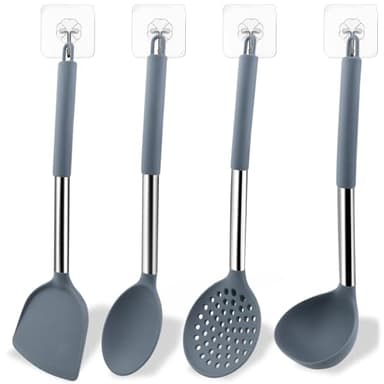 JNZLT Lot de 4 ustensiles de cuisine en silicone pour mélanger et servir (cuillère à soupe, passoire, pelle chinoise, cuillère large) avec 4 crochets