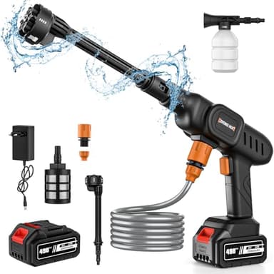Nettoyeur Haute Pression sans Fil, Buse 6 en 1 Pistolet Portable à Eau Haute Pression,Débit Maximal 10L/Min,mètres,Pression 60 Bar,pour Nettoyer Les Balcons et Les Voitures (1 Batterie de 20 000 mAh)