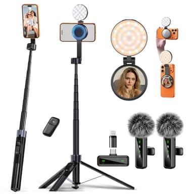 yAyusi Kit de Vlogging Magnétique 3-en-1 pour iPhone/Android, Kit Youtuber Complet, trépied magnétique, Microphone, télécommande, Perche à Selfie de 180 cm avec lumière