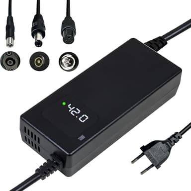 Chargeur Rapide 42V 2A pour Batterie Lithium 36V, avec Affichage LED et Multiples Fonctions de Protection et de réparation, équipé de connecteurs (RCA 8mm, DC 5.5 * 2.1mm, GX12 9mm)