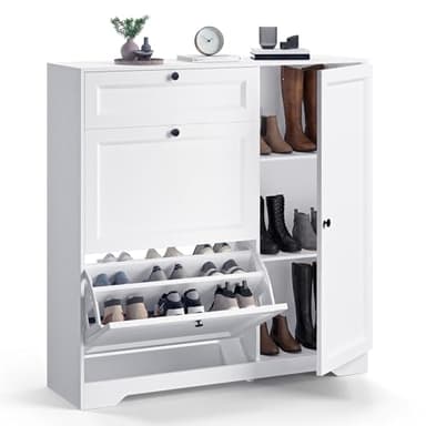 Xbro Meuble à Chaussures Étroit 18–24 Paires, Armoire avec 2 Tiroirs Abattants et 1 Tiroir Coulissant, Porte Latérale et Étagères Réglables,pour Entrée et Couloir, 100 x 30 x 103 cm, Blanc