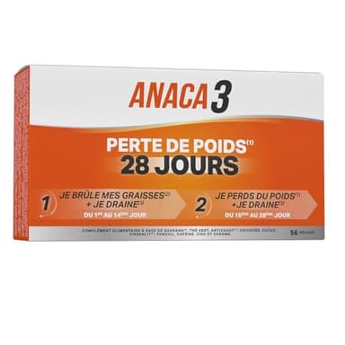ANACA 3 - Perte de Poids 28 Jours - Favorise la Perte de Poids(1) - Aide à Favoriser le Drainage(3), Brûler les Graisses(2) & Accroître les Sensations de Satiété(4) - Fabriqué en France - 56 Gélules