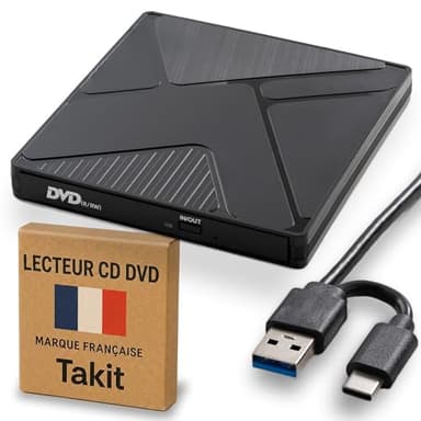 Takit Lecteur CD DVD Externe pour PC [Marque FRANÇAISE] Graveur DVD USB 3.0 & USB-C Ultra Rapide, Lecteur Optique Portable CD/DVD +/-RW, Câble USB Intégré, Compatible Windows, Mac