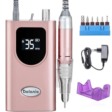 Delanie Ponceuse pour Ongles Professionnelle 35000 RPM Portable Rechargeable Avec Affichage LCD et 6 Embouts Ponçage pour Pédicure Manucure, Puissante, Silencieuse pour Salon/Maison