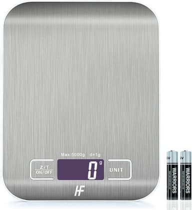 HomeFashion Balance de Cuisine Électronique de Haute Précision 5000g/1g avec Écran LCD Rétroéclairé, 6 Unités et Fonction Tare Acier Inoxydable, Piles incluses