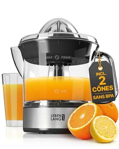 LEBENLANG Presse agrume electrique - 2 cônes & sans BPA I Haut rendement en jus I 700ml presse agrumes electriques I Presse-agrumes de jus d'orange machine électriques Presseur fruits automatique