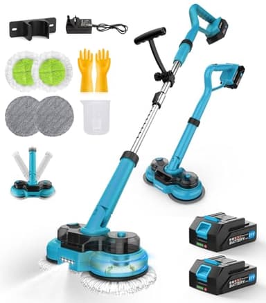 Yospinber Balai électrique sans fil avec 2 batteries de 2000 mAh, balai de nettoyage de sol à double rotation avec lumière LED et pulvérisateur d'eau, polisseuse à main, polisseuse légère pour