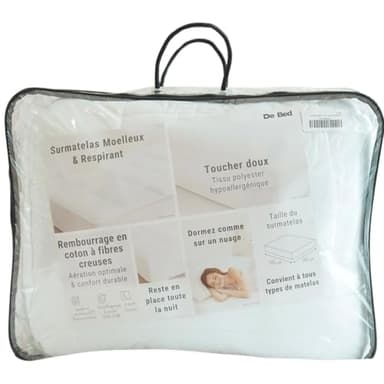 De Bed Surmatelas 140x190 Épaisseur 7 cm – Moelleux, Respirant et Hypoallergénique – Facile à Ranger avec Sac Inclus – Garnissage Coton, Housse Polyester avec Jupe Élastique