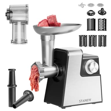 Hachoir à Viande Électrique STANEW 2500W 5 Lames Professionnelles Inoxydables (Julienne, Râpe, Trancheuse) Accessoires Saucisses et Biscuits Design Compact pour Viande Hachée et Préparations Maison