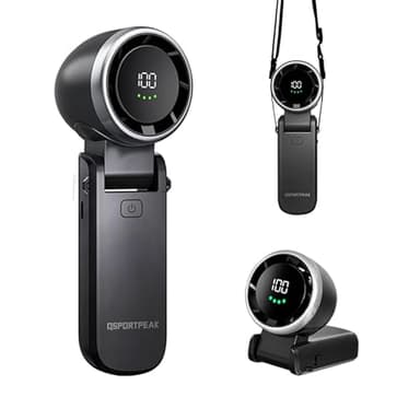 Mini ventilateur turbo portable, Ventilateur Pliable 180°,5 Vitesses, Affichage LCD, Ultra Silencieux, 4000mAh,Convient pour le voyage/camping/extérieur,lanière,Éventail 3-EN-1 Main/Bureau/Cou - Noir