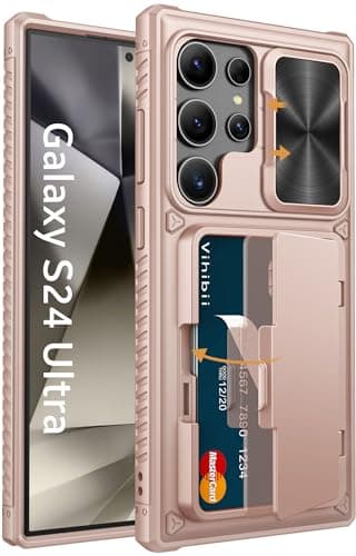 Vihibii pour Samsung Galaxy S24 Ultra Coque avec Porte-Carte & Cache Caméra & Kickstand, Protection d'écran Antirayures Militaire Antichoc Étui Portefeuille Case pour Samsung S24 Ultra 6,8'', Or Rose