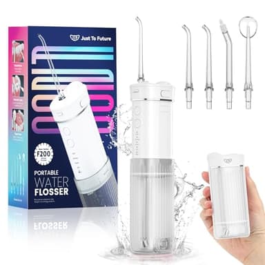 JTF Hydropulseur Jet Dentaire Portable Mini, Électrique Voyage Irrigateur Oral Detartreur Avec 5 Buses Rechange, 4 Modes Water Flosser, 230 ML Réservoir D'eau Escamotable, IPX7 Étanche(Blanc)