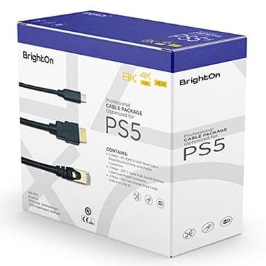 BrightOn - Paquet de câbles optimisé compatible avec PS5 | Câble Ethernet 8K HDMI 2.1 HDR 8K à 60 Hz / 4K à 120 Hz | très haute vitesse CAT 7 | charge rapide noir (USB A vers USB C)