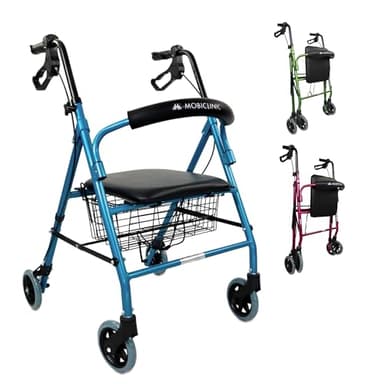 Mobiclinic, Déambulateur pour personnes âgées, Modèle escorial, Marque européenne, Pliable, Freins manuels, Aluminium, Avec panier, Léger, Siège, 4 roues, Bleu