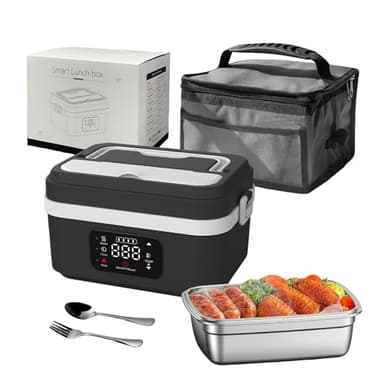 Carziyer 1L Gamelle Chauffante, Rechargeable Lunch Box Électrique avec Minuterie et Fonction, Utilisation de 70min/Étanche et Lavable/Boîtier détachable, pour Travail/Voiture/Chantier (noir-B)