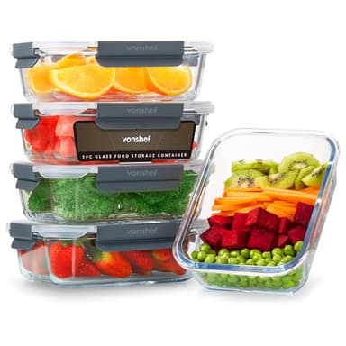 VonShef Boîtes Alimentaires en Verre- Lot de 5 Boîtes Repas 1 L, Couvercles Hermétiques et Sans BPA, Idéales pour Meal Prep, Empilables, Compatibles Micro-ondes, Four, Congélateur et Lave-vaisselle