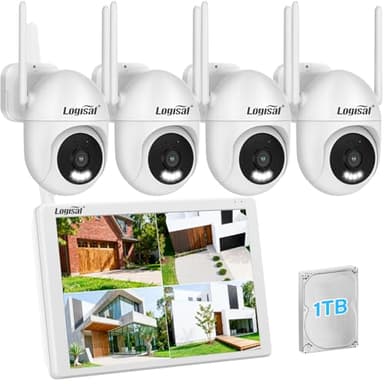 Logisaf PTZ Kit Camera Surveillance Exterieure avec 10'' Moniteur, 5MP 10CH WiFi NVR, 4 Pcs 360° PTZCaméra avec Enregistrement 24/7, Vision Nocturne Couleur, Suivi Automatique, Détection Humaine, 1TB